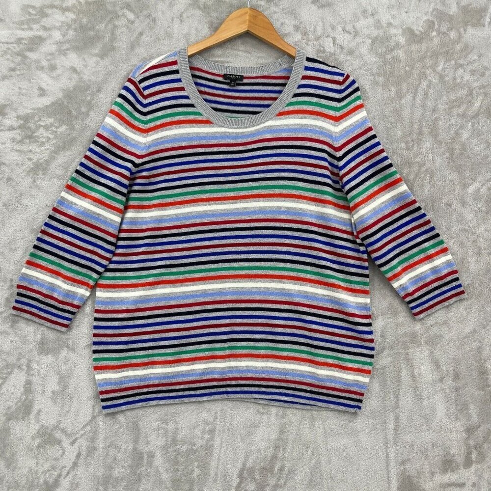 Talbots Round Neck 3/4 Sleeve Gray Striped Lightweight Sweater Top